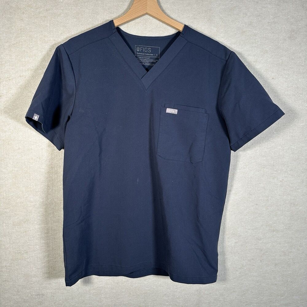 FIGS Technical Collection Dark Blue Short Sleeve V-Neck Scrub Top Pocket Size S